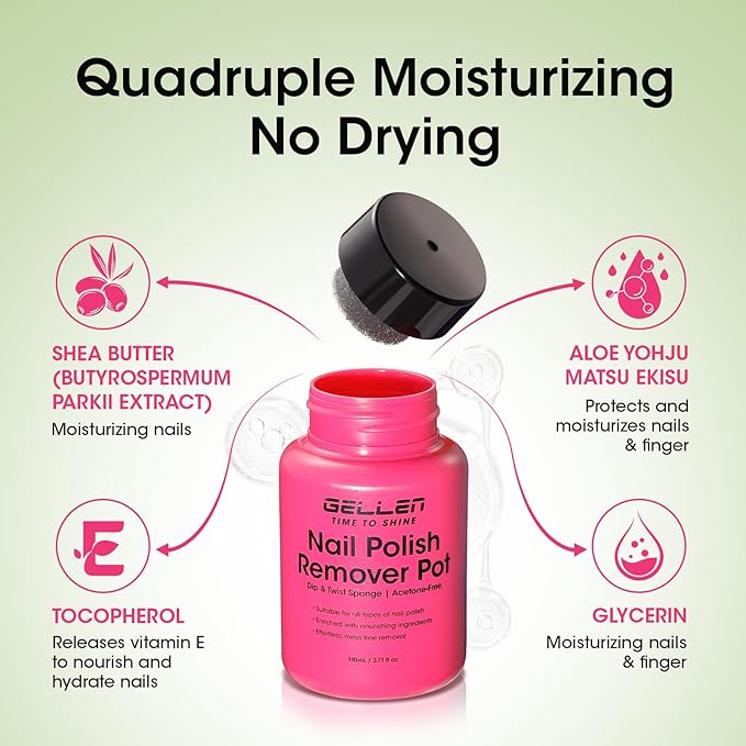 Gellen Nail Polish Remover, Dip Twist Sponge Nail Polish Remover Pot For Fingernail Toenail, Non-Acetone Fragrance Free, 5-9s Quick Removal, Jasmine Scent Non-drying Formula Shea Butter & Vitamin E