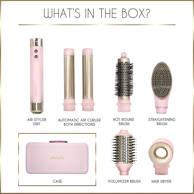 ELLA BELLA® 6 in 1 Professional Hot Air Styler • Powerful Hair Dryer & Straightener Set • Styling Without Heat Damage • Fast Drying Curling Volumizing Straightening • Protective Travel Case (Pink)