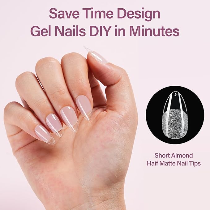 Misssix Short Almond Gel Nail Tips Kit, 216Pcs Pre Etched Clear Fake Nails, Full Cover False Nail 9-in-1 Gel Glue and Portable Mini U V Nail Lamp for Women 12 Sizes