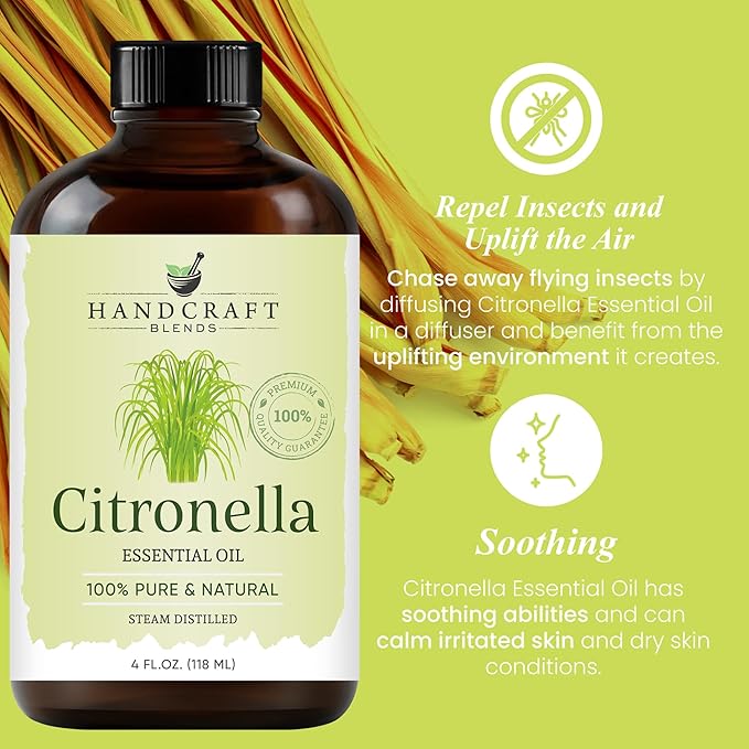 Handcraft Blends Citronella Essential Oil – Huge 4 Fl Oz – 100% Pure and Natural – Premium Grade Essential Oil for Diffuser and Aromatherapy, Skin, Massage, Candle and Soap Making Fragrance