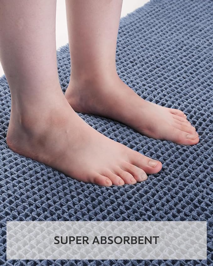 tchdio Waffle Bath Runner Rug, Super Absorbent Non Slip Bath Mats for Bathroom Machine Washable Long Rugs with Tassels, Bath Rugs for Bathroom Floor Beside Tub, 2' x 4'(24" x 48"), Blue