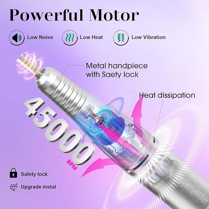 Electric Nail File Nail Drill Professional 35000RPM Electric E Filer for Nails with Sanding Bands and Nail Drill Bits for Acrylic, Gel Nail Manicure & Pedicure, Purple