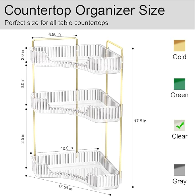 GTI 3-Tier Corner Bathroom Counter Organizer, Large Capacity Makeup Organizer Countertop, Perfume Cosmetics Skincare Vanity Organizers, Exquisite Countertop Storage for Women (Clear)