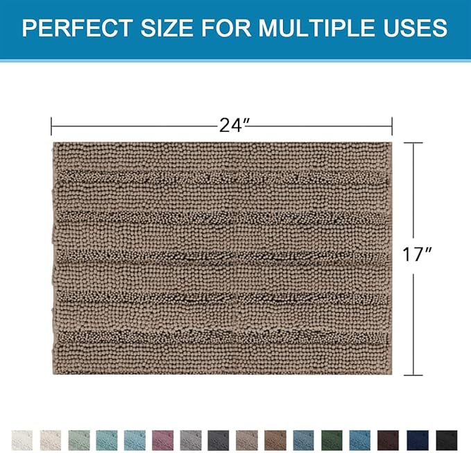 H.VERSAILTEX Bathroom Rugs Bath Rugs for Bathroom Non Slip Bath Mats Extra Thick Chenille Striped Rug 17" x 24" Absorbent Soft Shaggy Washable Dry Fast Bath Mats for Bath Room Floor - Taupe Brown