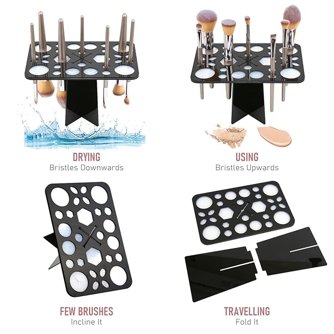 Makeup Brush Cleaning Mat & Drying Rack - 28 Holes Brush Holder, Silicone Rubber Clover Shaped Mat Cleaner - Black & Pink