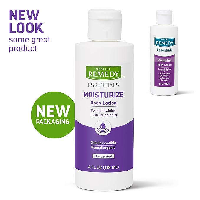 Medline Remedy Essentials Moisturizing Body Lotion (4 oz Bottle), Unscented, Hydrating, Non-Greasy, For Dry Skin, Hypoallergenic, Men, Women, Elderly (Pack of 2)
