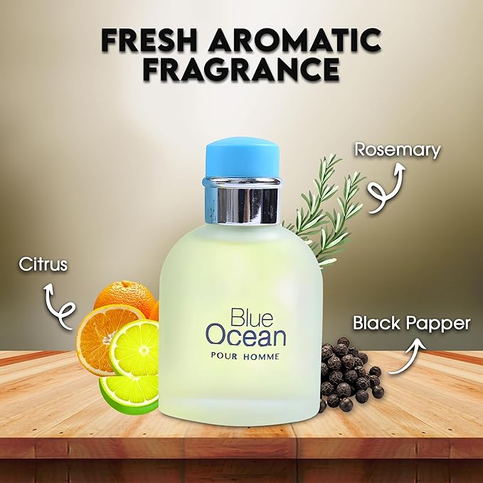 Blue Ocean Sensual Woody Fragrance for Men | Long Lasting Cologne Aromatic Scent, Eau de Parfum Natural Spray - Great Holiday Gift, 3.4 Fl Oz/100 Ml