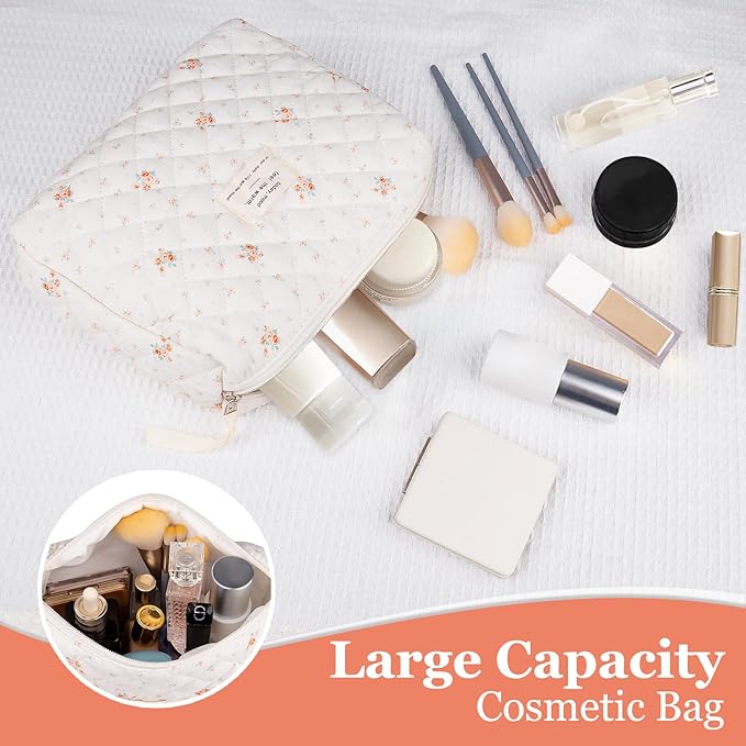 Floral Makeup Bag, Small Cosmetic Bag for Women Girls, Cute Cotton Makeup Bag, Quilted Makeup Bags, Flower Travel Toiletry Organizer Bag(Rose Pattern)