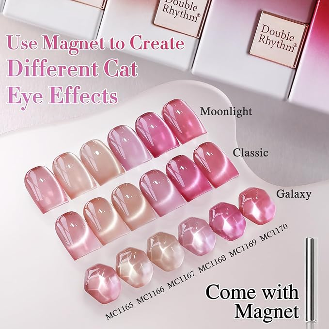 Double Rhythm Cat Eye Gel Nail Polish Set of 6 Same Color Same Bottle 0.5 Oz Shimmer Glitter with Magnet Holographic Reflective Magnetic UV Nail Polish Kit at Home (Nude Pink Rose-T6-30)