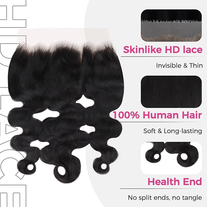 Lashey 13x6 SKINLIKE HD Lace Frontal Human Hair Body Wave, 0.10mm Ultra-Thin Invisible Melted Swiss Real HD Lace Pre Bleached Knots Pre Plucked Hairline Human Hair 14 Inch