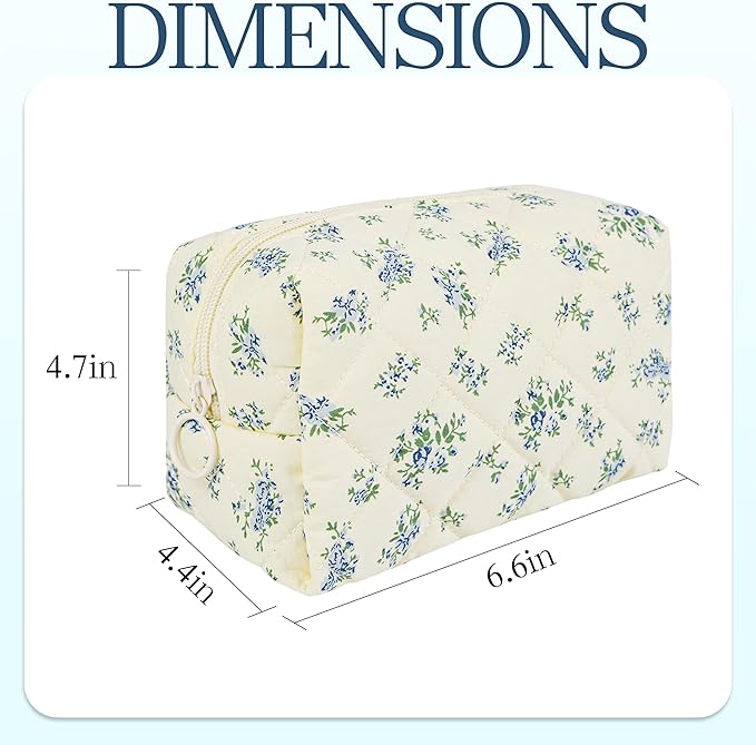 Quilted Makeup Pouch,Cotton Puffy Makeup Bag, Coquette Cosmetic Bag for Women and Girls, Aesthetic Organizer Bag, Cute Flower Travel Toiletry Bag