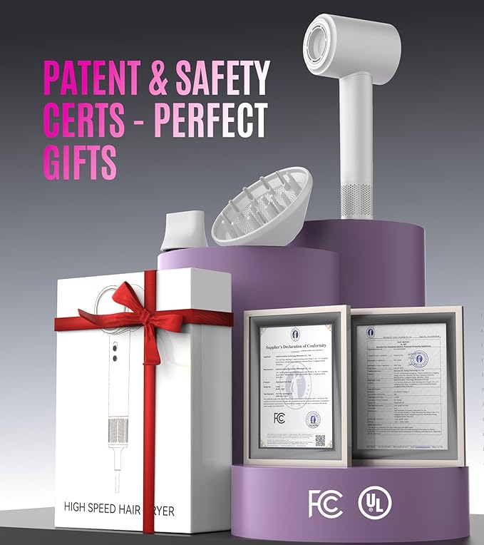 16W RPM High-Speed Hair Dryer for Fast Drying, Quiet lonic Blow Dryer with Frizz Control & No Heat Damage, Lightweight Travel Hair Dryer with Magnetic Nozzles for Curly & Straight Hair (White)