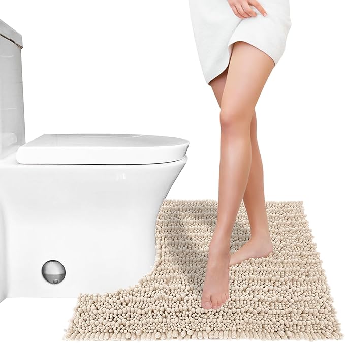 Yimobra Toilet Rug U Shaped Washable 24x20 Inch - Ultra Soft Absorbent Chenille Bath Rugs for Toilet, Quick Dry & Machine Washable, Non Slip Contour Bathroom Mat, Light Brown