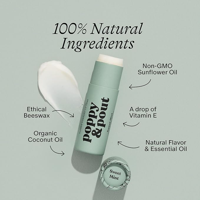Poppy & Pout Lip Care Set | Lip Balm & Scrub | Sustainable Cardboard Tubes & Glass Jars, All Natural, Beeswax, Coconut Oil, Cruelty Free, Exfoliating & Moisturizing Lip Treatment (Sweet Mint)