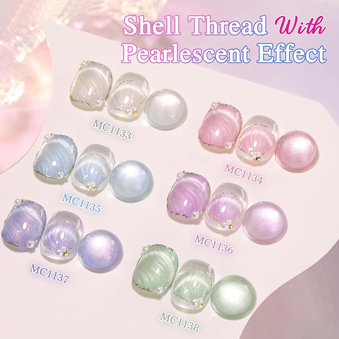 Double Rhythm Cat Eye Gel Nail Polish Set of 6 Same Color Same Bottle 0.5 Oz Shimmer Glitter with Magnet Holographic Reflective Magnetic UV Nail Polish Kit (Pearl Pink Blue Green Purple-T6-36)