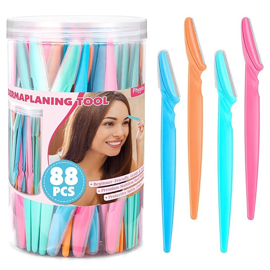88 Pcs Eyebrow Razors & Face Razors for Women in Storage Jar – 4 Color Dermaplane Razor for Women Face & Men, Safe Face Shaver with Protective Covers
