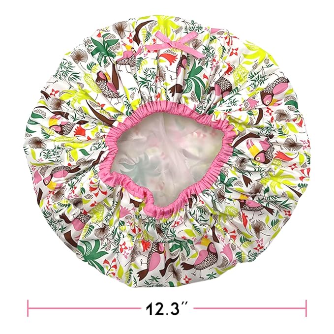 Reusable Bath & Shower Cap Lined, Oversized Waterproof Shower Caps Large Designed for all Hair Lengths with PEVA Lining & Elastic Band Stretch Hem Hair Hat - Fashionista Tropical