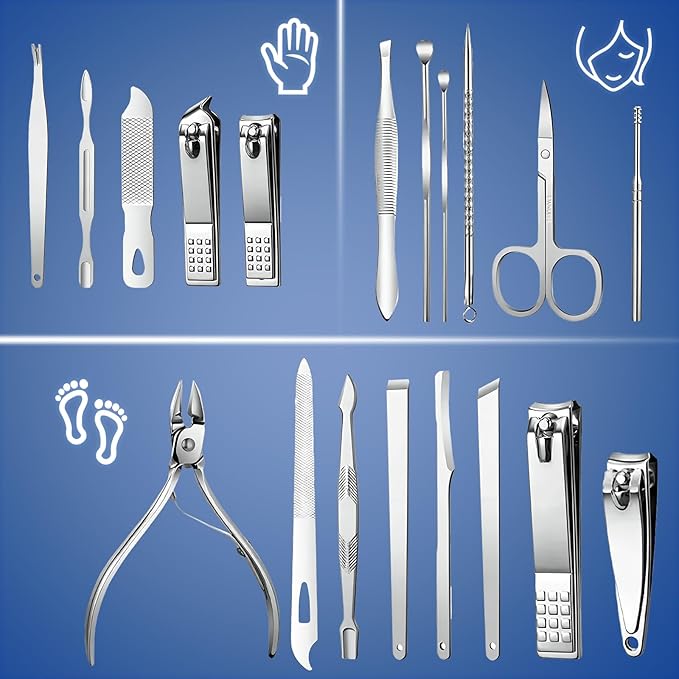 Manicure Set - 19 in 1 Professional Nail Clippers Pedicure Kit, Manicure Tool Kit, Stainless Steel Facial Grooming Set Kit, Gift Idea for Women, Men, Girls, Teens, Blue