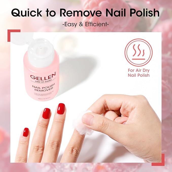 Gellen Nail Polish Remover Raspberry Scent, Acetone Free Nail Polish Remover for Quick Dry Nail Polishes, Gentle Nail Polish Removal Pump with Vitamin E, Fingernail Polish Remover 6.09 Fl Oz