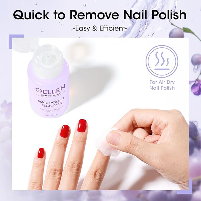 Gellen Nail Polish Remover Grape Scent, Non Acetone Nail Polish Remover Pump for Quick Dry Polishes, Gentle Fingernail Polish Remover with Vitamin E, Powerful Polish Removal for Home Salon 6.09 Fl Oz