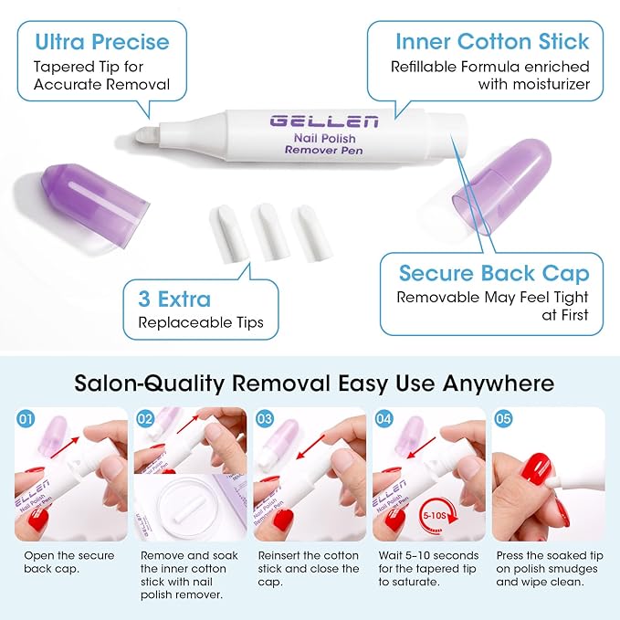 Gellen Nail Polish Remover Set with Corrector Pen, 280ml Ocean Breeze Scent Non-Acetone Nail Polish Remover, Precision Pen with 3 Refill Tips Easy Use | Rapidly Removes Natural and Glitter Nails