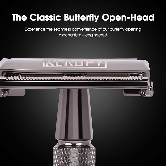 Double Edge Safety Razor for Men with 10 Blades - Christmas Stocking Stuffers for Men, Dad, Husband - Unique Holiday Gifts, Eco-Friendly Butterfly Open Razor for a Close Shave - Gloss Black