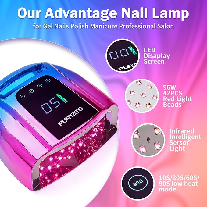 Professional Rechargeable 96W UV LED Portable Cordless UV Light for Nail Lamp Machine with Removable Stainless Steel Bottom,4 Timer Setting and Smart Sensor Nail Dryer (Blue&Purple)
