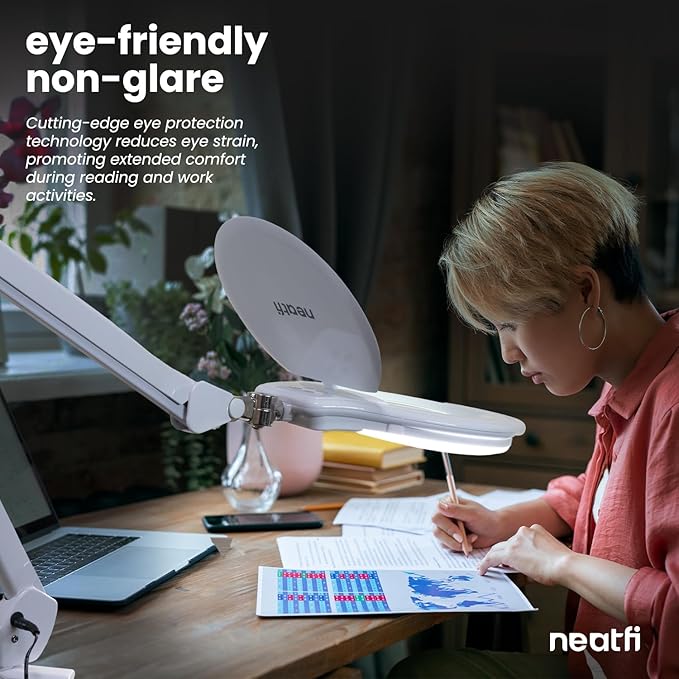 Neatfi Elite XL HD Super LED Magnifying Lamp, 3 Diopter with 12 Diopter, Dimmable, 3 Light Modes (3000K/4000K/6500K), Glare-Free, Adjustable Arm (White, 7-Inch Glass Lens with Clamp)
