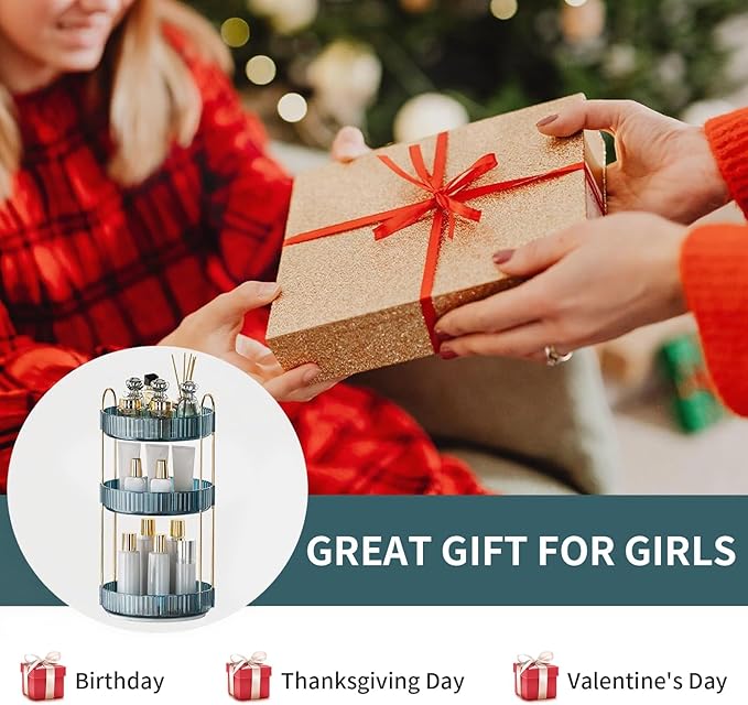 360° Rotating Makeup Organizer, Bathroom Organizers and Storage Holder Rack, Large Capacity Vanity Shelf Countertop, Fits Cosmetics, Perfume, Skin Care(Blue, 3 Tiers)