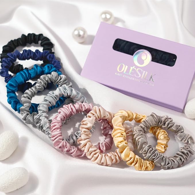OLESILK Silk Hair Ties for Women: 100% Mulberry Skinny Silk Scrunchies, Soft Smooth No Damage No Crease for Thin Fine Curly Hair 3 Pack, Multi-3