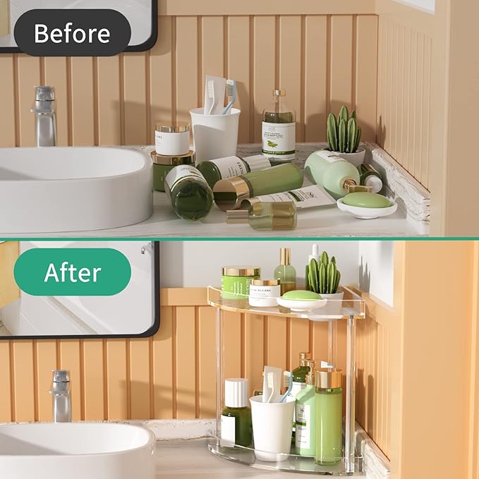 NPPLUS 2 Tier Acrylic Bathroom Counter Organizer, Clear Bathroom Countertop Corner Organizer, 2-Tier Corner Storage Shelf Vanity Trays, Home Storage Holder for Makeup Cosmetics Perfume Organizer