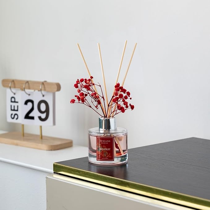 Reed Diffuser Set - 3.38 fl oz Red Fruit Premium Scented Oil with Preserved Baby's Breath & Cotton 6 Sticks | Long-Lasting Aromatherapy for Home, Bedroom, Bathroom, Office Home Decor