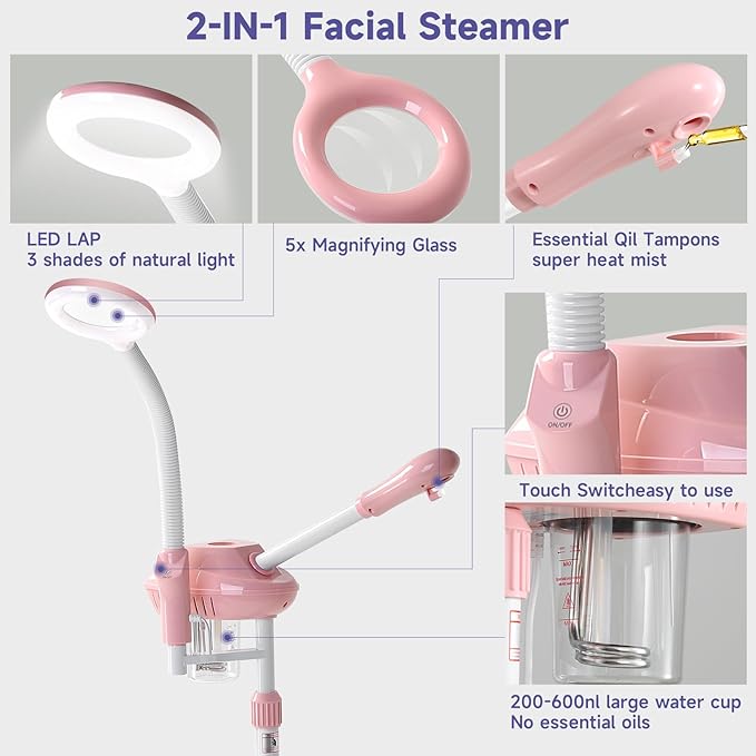 Professional Facial Steamer, 2In1 Face Steamer on Wheels for Facial Deep Cleaning, SPA Facial Steamer for Esthetician with 5X Magnifying Lamp, Stand Face Steamer with Time Setting, Pink