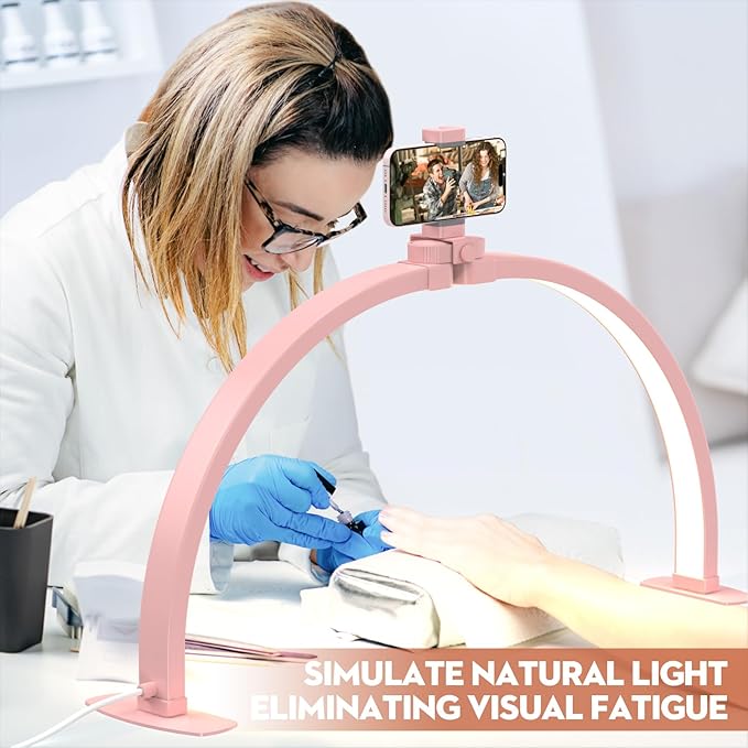 Professional Large Half Moon LED Light for Nail Desk with Phone Holder, Foldable Arch Light for Nail Techs Perfect for Manicure Handicraft Lighting Lamp (Pink, Large)