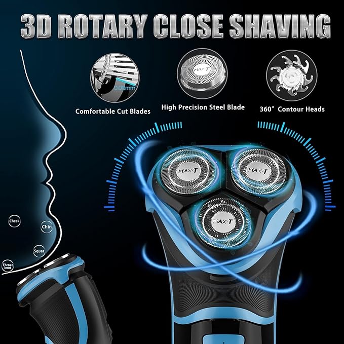 MAX-T Electric Razor for Men with Pop-Up Trimmer, IPX7 Waterproof Electric Shaver, 3D Rotary Shaver, Rechargeable Cordless Shavers for Men, Type-C, 120Mins Runtime, Plug & Play