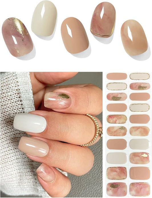 Semi Cured Gel Nail Strips (Brown Ombré), 20 Pcs Gold Foil Gel Nail Wraps, Stickers, Salon Quality, Fall, Works with Any UV Lamps