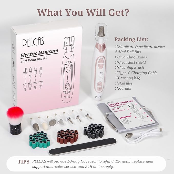 PELCAS Electric Nail File, 5 Speeds Nail Grinder for Thick Toenails, Cordless Nail Drill, Manicure and Pedicure Kit with LED Light, Toenail Grinder for Human, Thick Toenails, Natural & Acrylic Nails