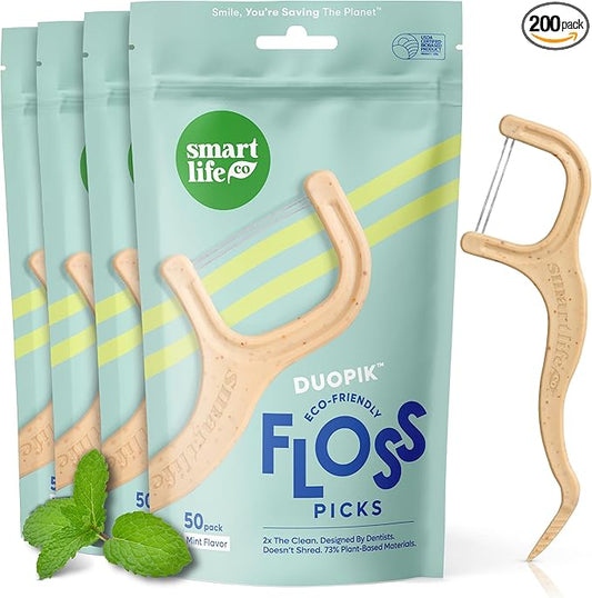 SmartLifeco Eco-Friendly Dual-Thread Dental Floss Picks (200ct) - Flossers Made with Straw Wheat Blend, Superior Anti-Shred for Tight Gaps, Tooth Pick Stick for Adults, Soft on Gum & Teeth, Mint