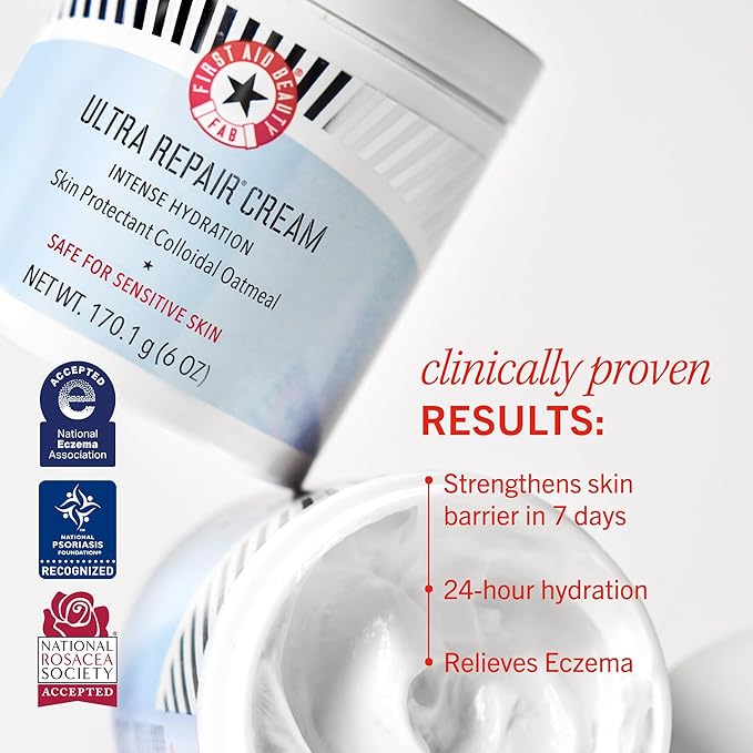 First Aid Beauty - Ultra Repair Cream, Intense Hydration Whipped Colloidal Oatmeal, Clinically Proven to Strengthen Skin Barrier in 7 Days & Helps Relieve Eczema, Luxury Face & Body Moisturizer, 6 oz