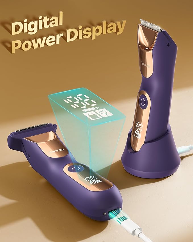 New Bikini Trimmer for Women [LED Light & Diaplay] Electric Foil Shaver for Men, Body Hair Trimmer for Face, Groin, Arm, Back, Wet/Dry Painless Groomer with Ceramic Blade,Travel Razor, Purple