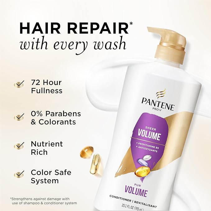 Pantene Conditioner, Sheer Volume - 72-Hour Fullness, Lightweight Nourishment with Pro-Vitamin B5 + Antioxidants, Fine, Thin, Color-Treated Hair, Paraben Free, Strengthens Bonds, 25.1 Fl Oz