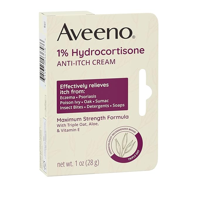 Aveeno Maximum Strength 1% Hydrocortisone Anti-Itch Cream, Triple Oat, Aloe & Vitamin E For Itch Relief From Eczema, Psoriasis, Insect Bites, Poison Ivy, Oak & Sumac & Detergents, 1 oz, 2 Pack