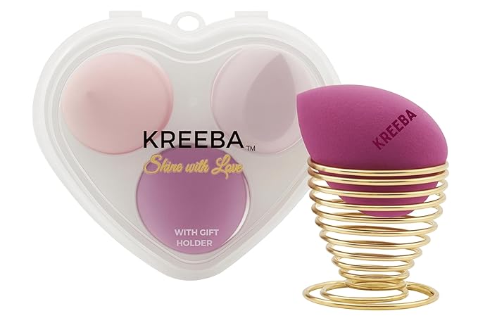 KREEBA 3 Pcs Makeup Sponge Set Comes with Heart-Shaped Travel Box-Makeup Sponges Oval Included Bonus Gold Drying Stand-Latex-Free Make Up Sponges for Face-Beauty Blender Sponge Give Flawless Finish
