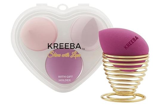 KREEBA 3 Pcs Makeup Sponge Set Comes with Heart-Shaped Travel Box-Makeup Sponges Oval Included Bonus Gold Drying Stand-Latex-Free Make Up Sponges for Face-Beauty Blender Sponge Give Flawless Finish