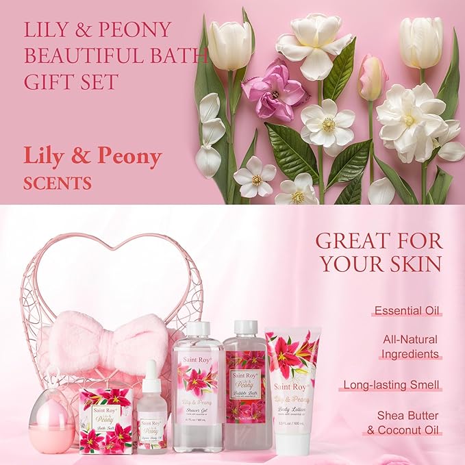 Gift Basket Christmas Gifts for Women Spa Set Lily & Peony Home Spa Set, Beauty Personal Care Set Jojoba Oil, Spa Self Care Kit, Bath Body For Thank You, Birthday Gifts