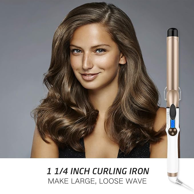 Hoson 1 1/4 Inch Curling Iron Dual Voltage, Ceramic Long Barrel 1.25 Inch Hair Curling Iron for Long Hair, LCD Display with 9 Heat Setting(225°F-450°F for All Hair Types, Glove Include)