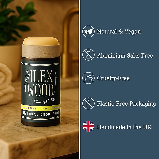 The Ilex Wood Natural Deodorant - 2.4fl oz. Handmade, Aluminum Salt Free, Plastic Free, Cruelty and Alcohol Free, Vegan, Eco Friendly Cardboard Tube – Lavender and Lemon (Fresh and Floral)