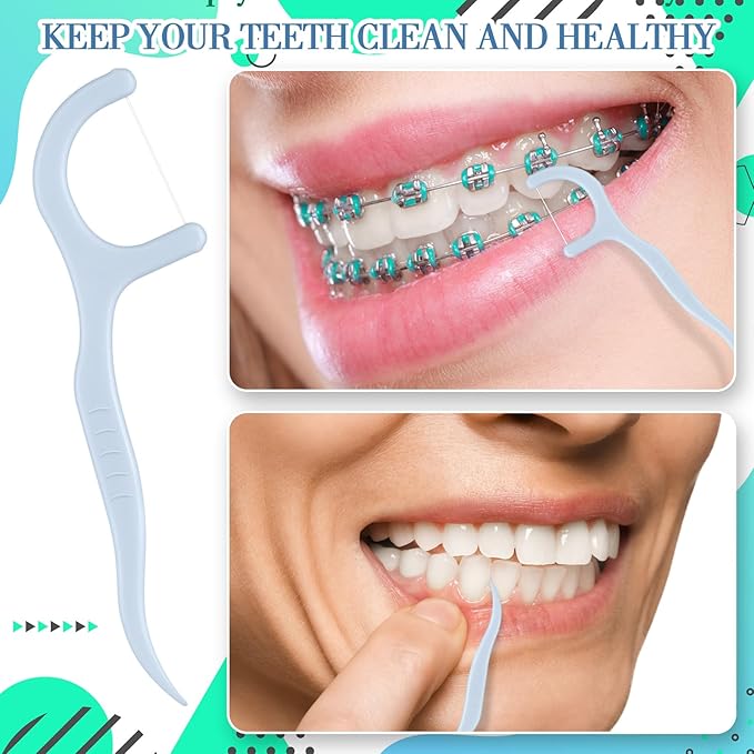 Baderke 200 Count Floss Picks Bulk Non Breakable Tooth Picks Flosser Dental Floss Sticks for Adults Teeth Cleaning Dental Flossers for Family Pack Travel(Light Blue)