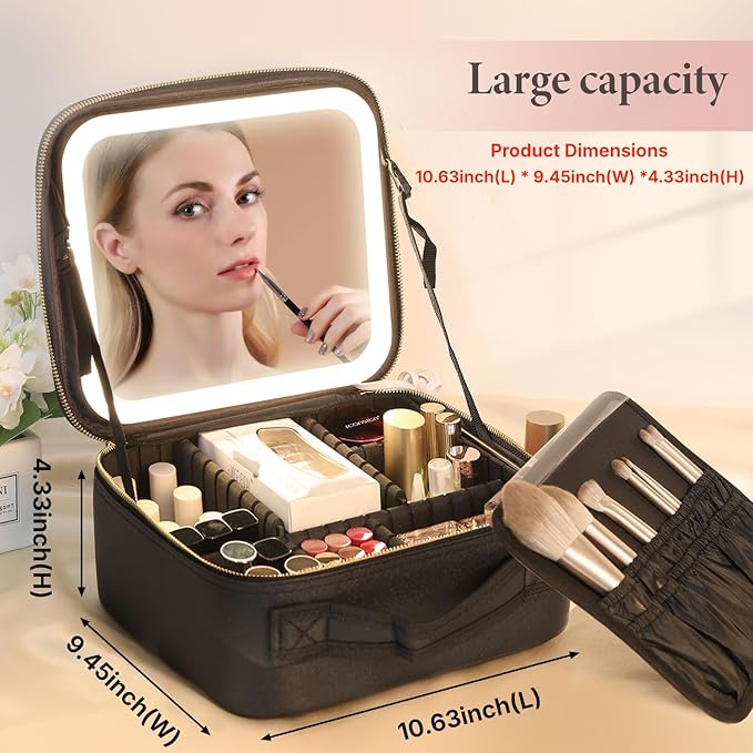 Travel Makeup Bag with LED Lighted Mirror, Cosmetic Makeup Organizer Bag with 3 Color Setting, Makeup Train Case with Adjustable Dividers for Women Makeup Brushes Jewelry Accessories (Black)