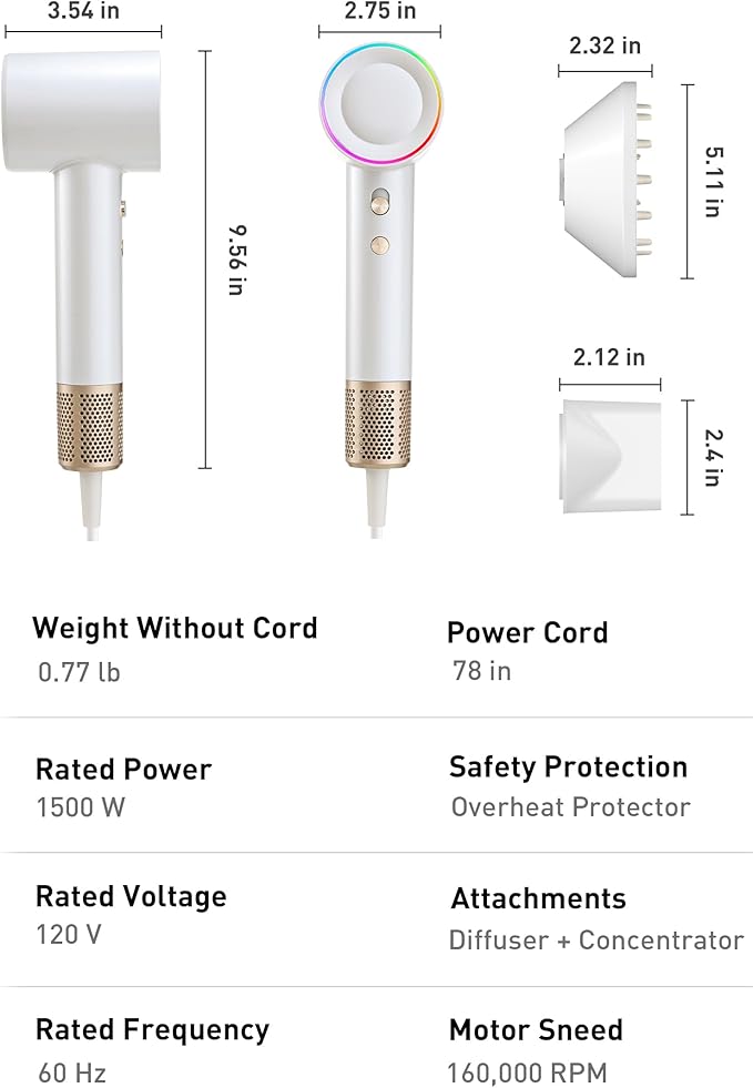 High-Speed Hair Dryer, 160,000 RPM Brushless Motor for Ultra-Fast Drying,500M Ionic Negative for Frizz Reduce, Low Noise Thermo-Control Blow Dryer with Diffuser for Curly Hair Women and Men,White